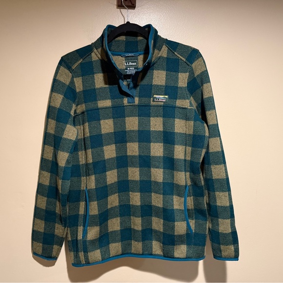 L.L.Bean green tan Buffalo Check Sweater Fleece Pullover Snap Collar - Picture 2 of 6